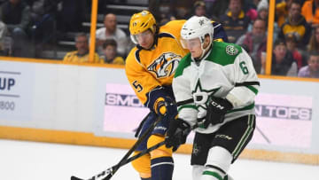 Nov 23, 2016; Nashville, TN, USA; Nashville Predators right wing Craig Smith (15) has a shot blocked by Dallas Stars defenseman Julius Honka (6) during the third period at Bridgestone Arena. The Predators won 5-2. Mandatory Credit: Christopher Hanewinckel-USA TODAY Sports