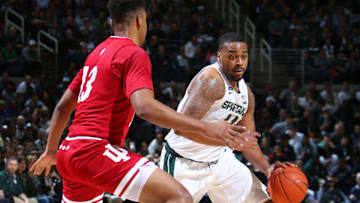 EAST LANSING, MI - FEBRUARY 02: Nick Ward #44 of the Michigan State Spartans drives to the basket while defended by Juwan Morgan #13 of the Indiana Hoosiers in the first half at Breslin Center on February 2, 2019 in East Lansing, Michigan. (Photo by Rey Del Rio/Getty Images)