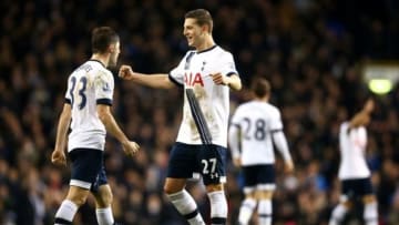 LONDON, ENGLAND - FEBRUARY 06: Ben Davies (L) and Kevin Wimmer (R) of Tottenham Hotspur celebrate their 1-0 win after the Barclays Premier League match between Tottenham Hotspur and Watford at White Hart Lane on February 6, 2016 in London, England. (Photo by Paul Gilham/Getty Images)