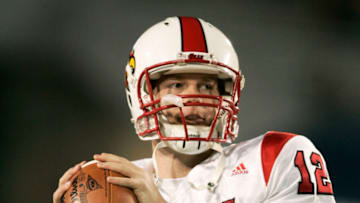 Nov 8, 2007; Morgantown, WV, USA; Louisville Cardinals quarterback Brian Brohm (12) before the start of the game against the West Virginia Mountaineers at Milan Puskar Stadium in Morgantown, WV. Mandatory Credit: James Lang-USA TODAY Sports