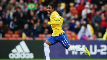 HAMILTON, NEW ZEALAND - JUNE 14: Malcom of Brazil celebrates after winning the FIFA U-20 World Cup New Zealand 2015 quarter final match between Brazil and Portugal held at Waikato Stadium on June 14, 2015 in Hamilton, New Zealand. (Photo by Hannah Peters/Getty Images)