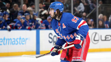 NEW YORK, NY - APRIL 03: Mika Zibanejad #93 of the New York Rangers skates against the Ottawa Senators at Madison Square Garden on April 3, 2019 in New York City. (Photo by Jared Silber/NHLI via Getty Images)