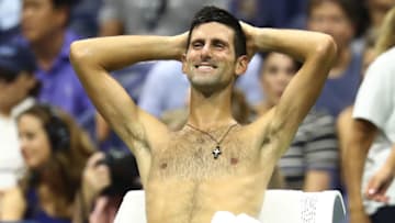 NEW YORK, NY - SEPTEMBER 05: Novak Djokovic of Serbia smiles during break in play in his men's singles quarter-final match against John Millman of Australia on Day Ten of the 2018 US Open at the USTA Billie Jean King National Tennis Center on September 5, 2018 in the Flushing neighborhood of the Queens borough of New York City. (Photo by Julian Finney/Getty Images)