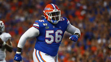 Sep 7, 2019; Gainesville, FL, USA; Florida Gators defensive lineman Tedarrell Slaton (56) during the first quarter at Ben Hill Griffin Stadium. Mandatory Credit: Kim Klement-USA TODAY Sports