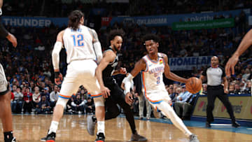 FEBRUARY 11: Shai Gilgeous-Alexander #2 of the OKC Thunder handles the ball during the game against the San Antonio Spurs (Photo by Zach Beeker/NBAE via Getty Images)