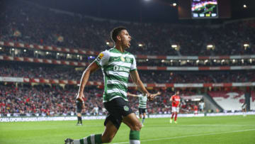 LISBON, PORTUGAL - DECEMBER 03: Matheus Nunes of Sporting CP celebrates scoring Sporting CP third goal during the Liga Portugal Bwin match between SL Benfica and Sporting CP at Estadio da Luz on December 3, 2021 in Lisbon, Portugal. (Photo by Carlos Rodrigues/Getty Images)