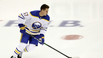 May 6, 2021; Pittsburgh, Pennsylvania, USA; Buffalo Sabres left wing Brett Murray (57) warms up before making his NHL debut against the Pittsburgh Penguins at PPG Paints Arena. Mandatory Credit: Charles LeClaire-USA TODAY Sports