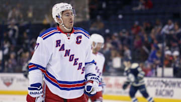 Apr 4, 2016; Columbus, OH, USA; New York Rangers defenseman Ryan McDonagh (27) against the Columbus Blue Jackets at Nationwide Arena. The Rangers won 4-2. Mandatory Credit: Aaron Doster-USA TODAY Sports