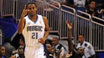 Apr 2, 2014; Orlando, FL, USA; Orlando Magic forward Maurice Harkless (21) celebrates a three-point basket against the Cleveland Cavaliers in the first quarter at Amway Center. Mandatory Credit: David Manning-USA TODAY Sports