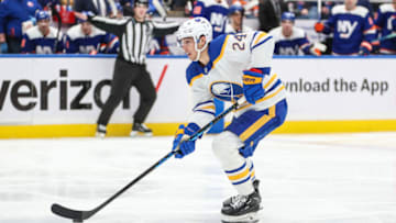 Mar 25, 2023; Elmont, New York, USA; Buffalo Sabres center Dylan Cozens (24) skates down ice on a breakaway in the third period against the New York Islanders at UBS Arena. Mandatory Credit: Wendell Cruz-USA TODAY Sports