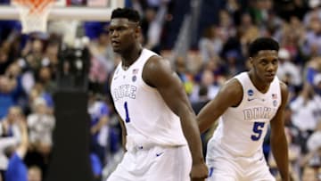 WASHINGTON, DC - MARCH 29: Zion Williamson #1 of the Duke Blue Devils reacts against the Virginia Tech Hokies during the second half in the East Regional game of the 2019 NCAA Men's Basketball Tournament at Capital One Arena on March 29, 2019 in Washington, DC. (Photo by Patrick Smith/Getty Images)