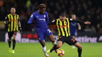 WATFORD, ENGLAND - DECEMBER 26: Callum Hudson-Odoi of Chelsea battles for possession with Jose Holebas of Watford during the Premier League match between Watford FC and Chelsea FC at Vicarage Road on December 26, 2018 in Watford, United Kingdom. (Photo by Richard Heathcote/Getty Images)