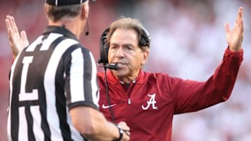 Oct 8, 2016; Fayetteville, AR, USA; Alabama Crimson Tide head coach Nick Saban reacts to a call during the first quarter against the Arkansas Razorbacks at Donald W. Reynolds Razorback Stadium. Mandatory Credit: Nelson Chenault-USA TODAY Sports