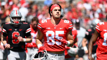 COLUMBUS, OHIO - APRIL 15: Bennett Christian #85 of the Ohio State Buckeyes runs off the field during halftime of the Spring Game at Ohio Stadium on April 15, 2023 in Columbus, Ohio. (Photo by Ben Jackson/Getty Images)