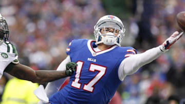 Jan 3, 2016; Orchard Park, NY, USA; Buffalo Bills wide receiver Greg Salas (17) reaches for a pass during the first half against the New York Jets at Ralph Wilson Stadium. Mandatory Credit: Timothy T. Ludwig-USA TODAY Sports