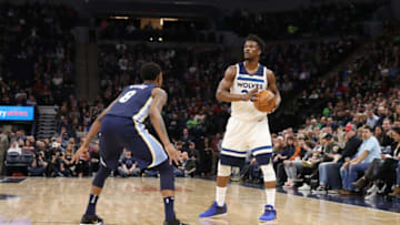MINNEAPOLIS, MN - APRIL 9: Jimmy Butler #23 of the Minnesota Timberwolves handles the ball during the game against the Memphis Grizzlies on April 9, 2018 at Target Center in Minneapolis, Minnesota. NOTE TO USER: User expressly acknowledges and agrees that, by downloading and or using this Photograph, user is consenting to the terms and conditions of the Getty Images License Agreement. Mandatory Copyright Notice: Copyright 2018 NBAE (Photo by Jordan Johnson/NBAE via Getty Images)