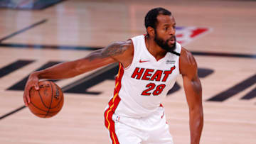 LAKE BUENA VISTA, FLORIDA - SEPTEMBER 25: Andre Iguodala #28 of the Miami Heat handles the ball during the second quarter against the Boston Celtics in Game Five of the Eastern Conference Finals during the 2020 NBA Playoffs at AdventHealth Arena at the ESPN Wide World Of Sports Complex on September 25, 2020 in Lake Buena Vista, Florida. NOTE TO USER: User expressly acknowledges and agrees that, by downloading and or using this photograph, User is consenting to the terms and conditions of the Getty Images License Agreement. (Photo by Mike Ehrmann/Getty Images)