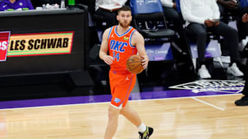 Svi Mykhailiuk #14 of the Oklahoma City Thunder dribbles the ball against the Sacramento Kings during the game at Golden 1 Center on May 9, 2021 in Sacramento, California. NOTE TO USER: User expressly acknowledges and agrees that, by downloading and or using this photograph, User is consenting to the terms and conditions of the Getty Images License Agreement. (Photo by Ben Green/Getty Images)