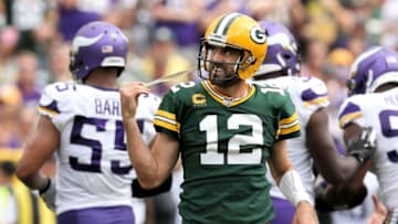 GREEN BAY, WISCONSIN - SEPTEMBER 15: Aaron Rodgers #12 of the Green Bay Packers reacts in the third quarter against the Minnesota Vikings at Lambeau Field on September 15, 2019 in Green Bay, Wisconsin. (Photo by Dylan Buell/Getty Images)