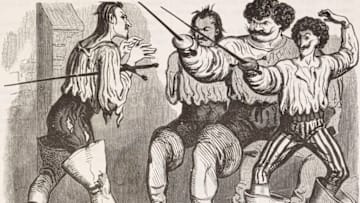 The three or four musketeers, parody of the novel by Alexandre Dumas, illustration by Emile Marcelin (1825-1887) from Le Journal pour rire, No 105, October 1, 1853.