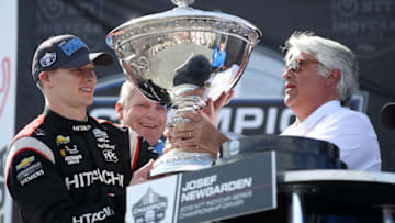MONTEREY, CALIFORNIA - SEPTEMBER 22: Josef Newgarden #2 of United States and Hitachi Team Penske Chevrolet celebrates after winning the 2019 season championship during the NTT IndyCar Firestone Grand Prix of Monterey at WeatherTech Raceway Laguna Seca on September 22, 2019 in Monterey, California. (Photo by Chris Graythen/Getty Images)
