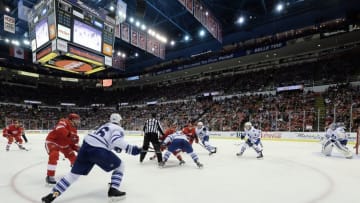 Oct 18, 2014; Detroit, MI, USA; General view during face off in the third period of the game between the Detroit Red Wings and the Toronto Maple Leafs at Joe Louis Arena. Detroit won 1-0 in overtime. Mandatory Credit: Rick Osentoski-USA TODAY Sports