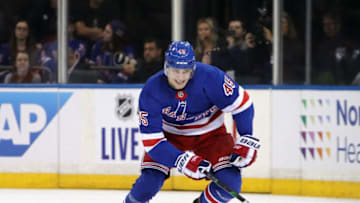 NEW YORK, NEW YORK - SEPTEMBER 26: Kaapo Kakko #45 of the New York Rangers skates against the Philadelphia Flyers during a preseason game at Madison Square Garden on September 26, 2019 in New York City. The Rangers defeated the Flyers 2-1 in the shoot-out. (Photo by Bruce Bennett/Getty Images)