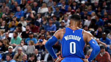 OKLAHOMA CITY, OK - OCTOBER 25: Russell Westbrook #0 of the Oklahoma City Thunder looks on during the game against the Boston Celtics on October 25, 2018 at Chesapeake Energy Arena in Oklahoma City, Oklahoma. NOTE TO USER: User expressly acknowledges and agrees that, by downloading and/or using this photograph, user is consenting to the terms and conditions of the Getty Images License Agreement. Mandatory Copyright Notice: Copyright 2018 NBAE (Photo by Garrett Ellwood/NBAE via Getty Images)