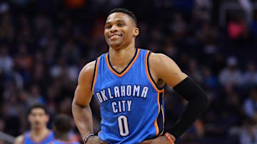 Feb 8, 2016; Phoenix, AZ, USA; Oklahoma City Thunder guard Russell Westbrook (0) smiles on the court in the game against the Phoenix Suns at Talking Stick Resort Arena. Oklahoma City won 122- 106. Mandatory Credit: Jennifer Stewart-USA TODAY Sports
