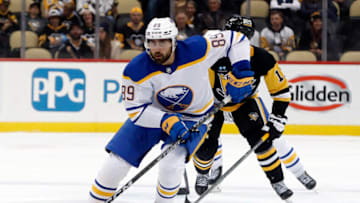 Oct 7, 2022; Pittsburgh, Pennsylvania, USA; Buffalo Sabres right wing Alex Tuch (89) skates with the puck against the Pittsburgh Penguins during the third period at PPG Paints Arena. The Penguins won 7-1. Mandatory Credit: Charles LeClaire-USA TODAY Sports