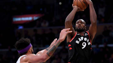 LOS ANGELES, CA - NOVEMBER 04: Serge Ibaka #9 of the Toronto Raptors shoots a jumper over JaVale McGee #7 of the Los Angeles Lakers at Staples Center on November 4, 2018 in Los Angeles, California. (Photo by Harry How/Getty Images)