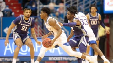 Kansas junior guard Ochai Agbaji drives the ball in the first half of Tuesday's Sunflower Showdown against Kansas State inside Allen Fieldhouse. The Jayhawks won 74-51.