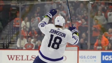 PHILADELPHIA, PENNSYLVANIA - NOVEMBER 02: Andreas Johnsson #18 of the Toronto Maple Leafs celebrates his game winning shoot-out goal against Brian Elliott #37 of the Philadelphia Flyers at the Wells Fargo Center on November 02, 2019 in Philadelphia, Pennsylvania. The Leafs defeated the Flyers 4-3 in the shoot-out. (Photo by Bruce Bennett/Getty Images)