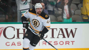 Feb 20, 2016; Dallas, TX, USA; Boston Bruins defenseman Dennis Seidenberg (44) skates in warm-ups prior to the game against the Dallas Stars at the American Airlines Center. The Bruins defeat the Stars 7-3. Mandatory Credit: Jerome Miron-USA TODAY Sports
