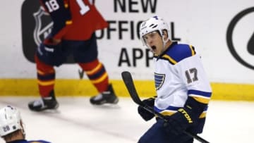 Feb 12, 2016; Sunrise, FL, USA; St. Louis Blues left wing Jaden Schwartz (17) reacts after his goal against the Florida Panthers in the first period at BB&T Center. Mandatory Credit: Robert Mayer-USA TODAY Sports
