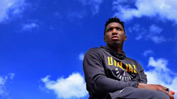 SALT LAKE CITY, UT - MARCH 19: Donovan Mitchell #45 of the Utah Jazz gives an interview with NBAE about the Jazz season at Ensign Peak on March 19, 2018 in Salt Lake City, Utah. Copyright 2018 NBAE (Photo by Melissa Majchrzak/NBAE via Getty Images)