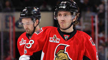 OTTAWA, ON - APRIL 12: Team mates Mike Hoffman