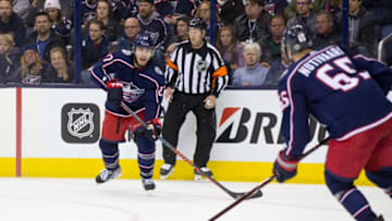 COLUMBUS, OH - APRIL 17: Ryan Murray #27 of the Columbus Blue Jackets looks to pass the puck to Markus Nutivaara #65 of the Columbus Blue Jackets during game 3 in the First Round of the Stanley Cup Playoffs at Nationwide Arena in Columbus, Ohio on April 17, 2018. Washington Capitals won 3-2 in double overtime. (Photo by Jason Mowry/Icon Sportswire via Getty Images)