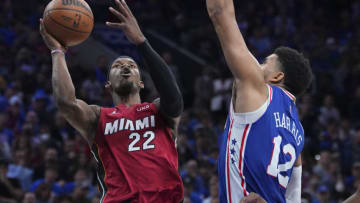 Jimmy Butler #22 of the Miami Heat shoots the ball against Tobias Harris #12 of the Philadelphia 76ers(Photo by Mitchell Leff/Getty Images)