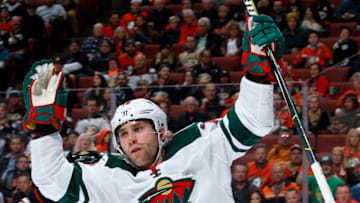 ANAHEIM, CA - DECEMBER 8: Jason Zucker #16 of the Minnesota Wild celebrates his goal in the second period during the game against the Anaheim Ducks on December 8, 2017 at Honda Center in Anaheim, California. (Photo by Debora Robinson/NHLI via Getty Images)