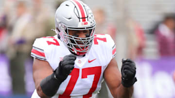 2023 NFL mock draft: Paris Johnson Jr. #77 of the Ohio State Buckeyes in action against the Northwestern Wildcats during the first half at Ryan Field on November 05, 2022 in Evanston, Illinois. (Photo by Michael Reaves/Getty Images)