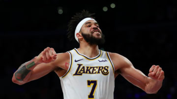 LOS ANGELES, CALIFORNIA - APRIL 07: JaVale McGee #7 of the Los Angeles Lakers celebrates after a dunk against the Utah Jazz late in the fourth quarter at Staples Center on April 07, 2019 in Los Angeles, California. NOTE TO USER: User expressly acknowledges and agrees that, by downloading and or using this photograph, User is consenting to the terms and conditions of the Getty Images License Agreement. (Photo by Yong Teck Lim/Getty Images)