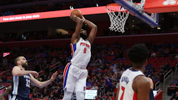 DETROIT, MI - FEBRUARY 1: Andre Drummond #0 of the Detroit Pistons drives the ball to the basket during the fourth quarter of the game against the Memphis Grizzlies at Little Caesars Arena on February 1, 2018. (Photo by Leon Halip/Getty Images)