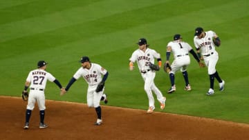 HOUSTON, TX - OCTOBER 20: The Houston Astros celebrate after defeating the New York Yankees with a score of 7 to 1 in Game Six of the American League Championship Series at Minute Maid Park on October 20, 2017 in Houston, Texas. (Photo by Bob Levey/Getty Images)