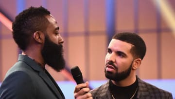 NEW YORK, NY - JUNE 26: NBA player, James Harden and Drake speak in the audience during the 2017 NBA Awards Live On TNT on June 26, 2017 in New York City. 27111_001 (Photo by Michael Loccisano/Getty Images for TNT )