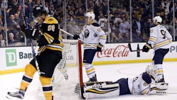 Nov 7, 2016; Boston, MA, USA; Boston Bruins right wing David Pastrnak (88) celebrates after scoring a goal on Buffalo Sabres goalie Robin Lehner (40) during the third period at TD Garden. The Boston Bruins won 4-0. Mandatory Credit: Greg M. Cooper-USA TODAY Sports