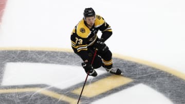 Jun 7, 2021; Boston, Massachusetts, USA; Boston Bruins defenseman Charlie McAvoy (73) skates the puck during the third period of game five of the second round of the 2021 Stanley Cup Playoffs against the New York Islanders at TD Garden. Mandatory Credit: Winslow Townson-USA TODAY Sports