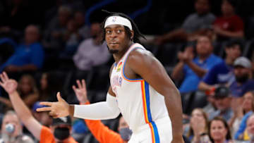 OKC Thunder forward Luguentz Dort (5) gestures after scoring a three point basket: Alonzo Adams-USA TODAY Sports