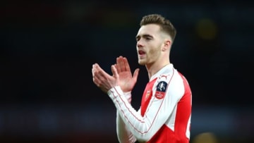 LONDON, ENGLAND - JANUARY 30: Calum Chambers of Arsenal applauds supporters after the Emirates FA Cup Fourth Round match between Arsenal and Burnley at Emirates Stadium on January 30, 2016 in London, England. (Photo by Paul Gilham/Getty Images)