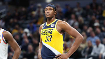 INDIANAPOLIS, INDIANA - DECEMBER 08: Myles Turner #33 of the Indiana Pacers against the New York Knicks at Gainbridge Fieldhouse on December 08, 2021 in Indianapolis, Indiana. NOTE TO USER: User expressly acknowledges and agrees that, by downloading and or using this Photograph, user is consenting to the terms and conditions of the Getty Images License Agreement. (Photo by Andy Lyons/Getty Images)